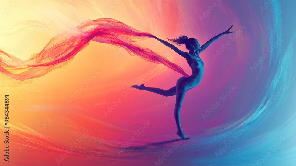 Elegant gymnast with a ribbon, fluid motion and vibrant colors, vector art Elegant gymnast with a ribbon, fluid motion and vibrant colors, vector art