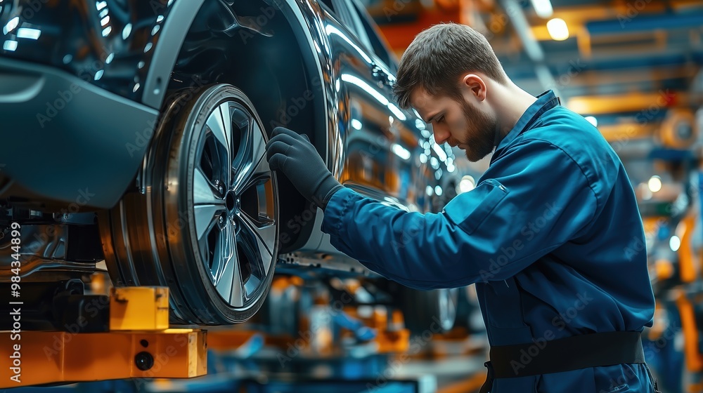 Automotive Technician Working on Car Wheel in Workshop Automotive Technician Working on Car Wheel in Workshop