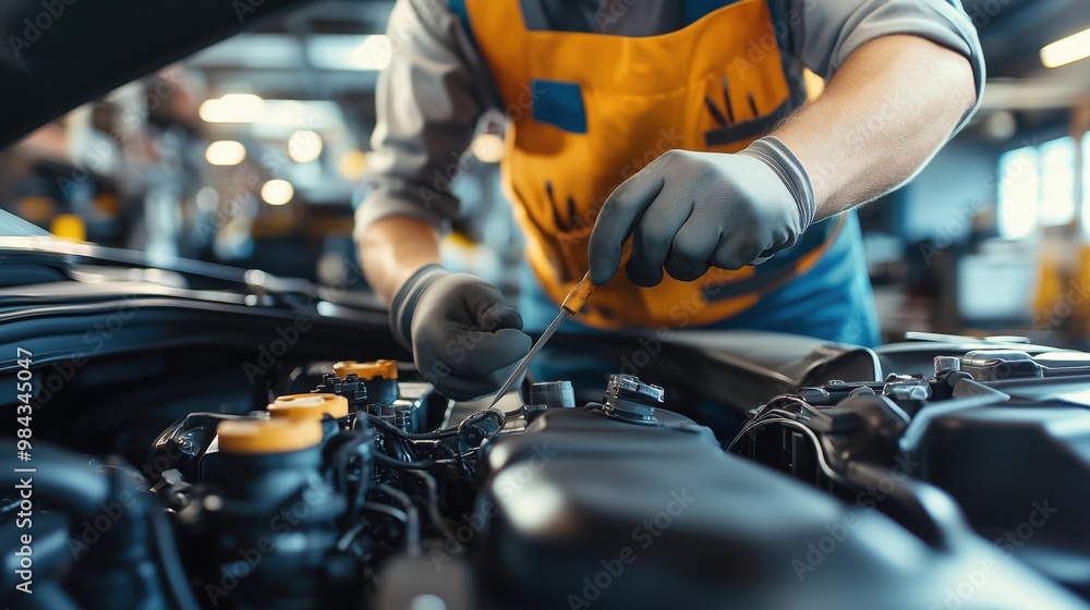 Mechanic Working on Car Engine in Auto Repair Shop Mechanic Working on Car Engine in Auto Repair Shop