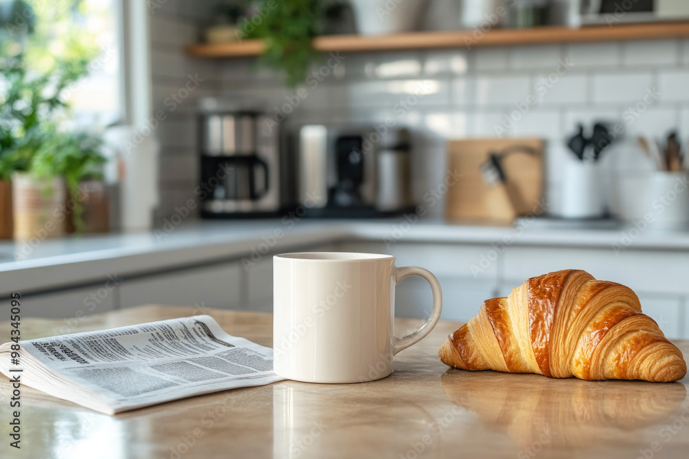 Cup of coffee and croissant and newspaper in a modern kitchen with bright light and plants in the background, creating a serene morning atmosphere. Cup of coffee and croissant and newspaper in a modern kitchen with bright light and plants in the background, creating a serene morning atmosphere.