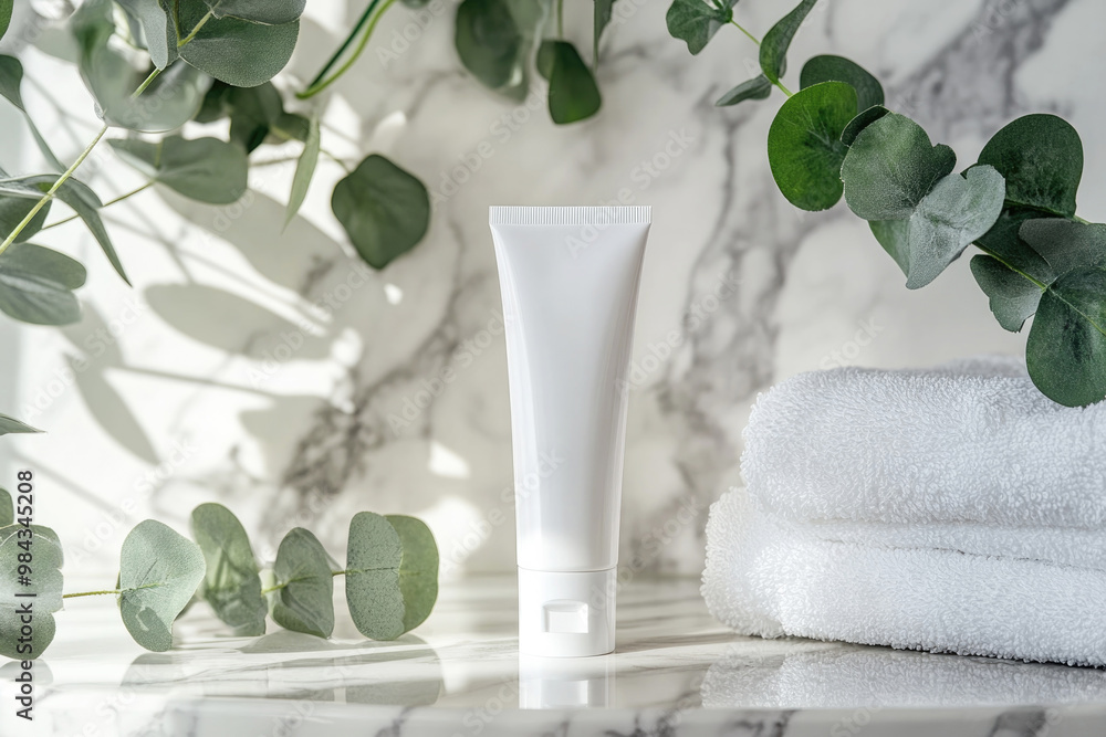A sleek white cosmetic tube stands on a marble surface next to towels and surrounded by eucalyptus branches, creating a serene and fresh atmosphere with soft natural lighting. A sleek white cosmetic tube stands on a marble surface next to towels and surrounded by eucalyptus branches, creating a serene and fresh atmosphere with soft natural lighting.
