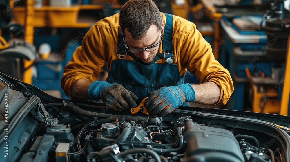 Mechanic Working on Car Engine in Auto Shop Mechanic Working on Car Engine in Auto Shop