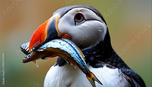 Atlantic puffin showcasing vibrant beak filled with sand eels in stunning close-up photo