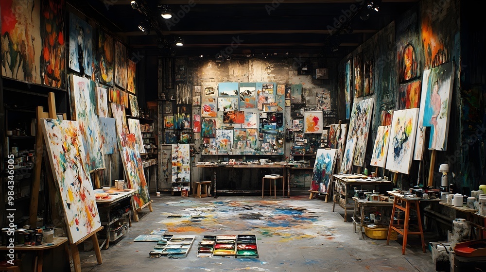 Paintbrushes and palettes arranged in a perfect circle around easels, an art studio bustling with creative energy, walls covered in colorful artwork Paintbrushes and palettes arranged in a perfect circle around easels, an art studio bustling with creative energy, walls covered in colorful artwork