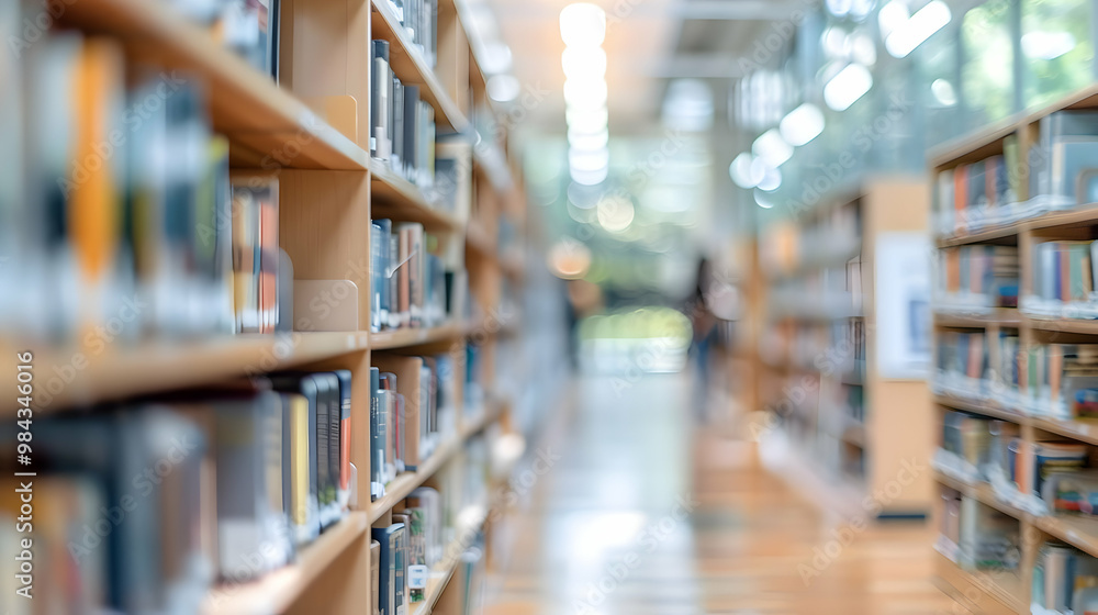 Blurry Bookshelves In A Library With Wooden Shelves And Rows Of Books, A Blurry Background With Lights In The Ceiling Blurry Bookshelves In A Library With Wooden Shelves And Rows Of Books, A Blurry Background With Lights In The Ceiling