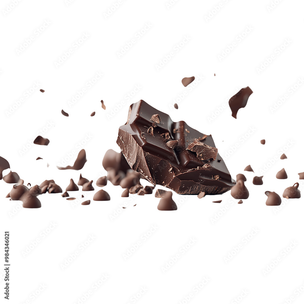Fototapeta premium a piece of broken or sliced dark chocolate with chocolate chips scattered, cut out