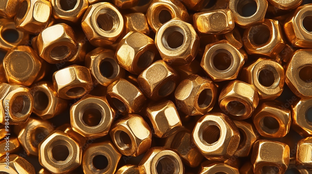 Golden Metal Nuts Piled Together in Close-Up View Golden Metal Nuts Piled Together in Close-Up View