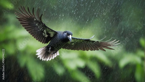 a bird is flying in the rain with a green background.