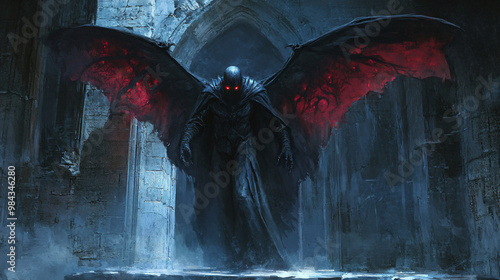 A vampire emerging from an ancient crypt with glowing red eyes and dark wings.