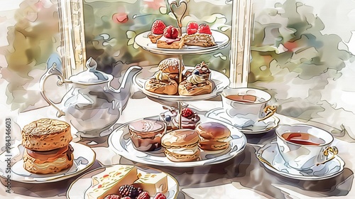 Illustration of Elegant high tea setup with assorted pastries and tea cups