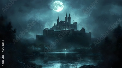 Ring-shaped castle fortress with crenelated towers, fortified walls rising from the edge of a dark, reflective moat, glowing under the moonlit night sky photo