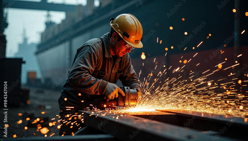 Worker cutting metal in a shipyard with dramatic sparks illuminating the dark surroundings.
Worker cutting metal in a shipyard with dramatic sparks illuminating the dark surroundings.