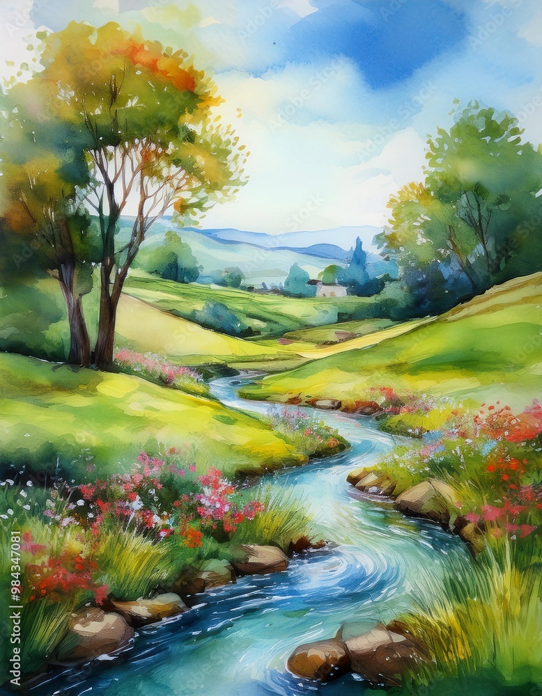 Watercolor Painting of Tranquil Landscape with a Stream Winding Through a Green Valley Watercolor Painting of Tranquil Landscape with a Stream Winding Through a Green Valley