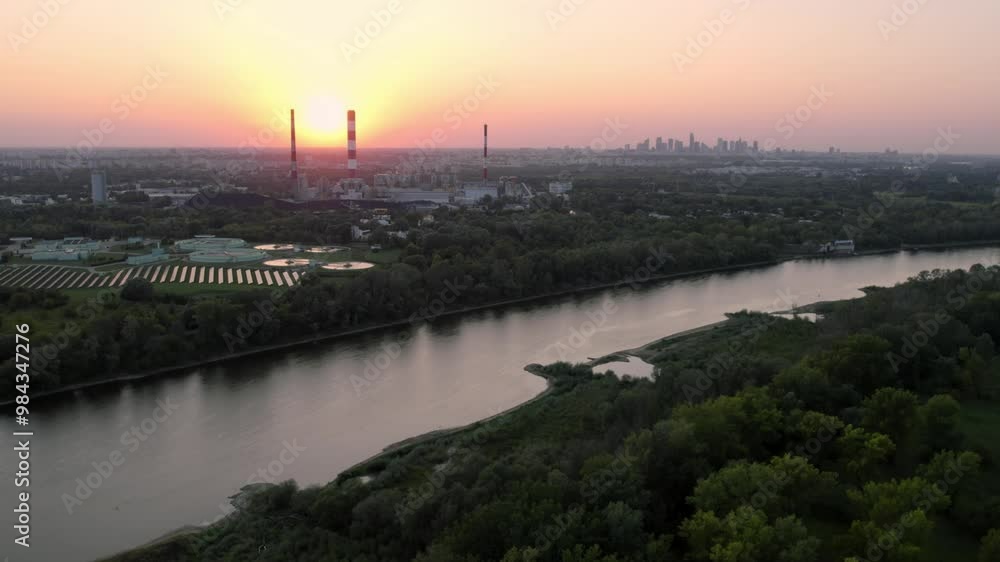 Power plant in Poland Vistula River, solar panel sun renewable energy field Power plant in Poland Vistula River, solar panel sun renewable energy field