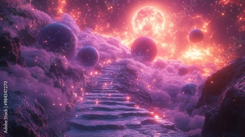 Ethereal cosmic landscape with glowing planets and a stone pathway. photo