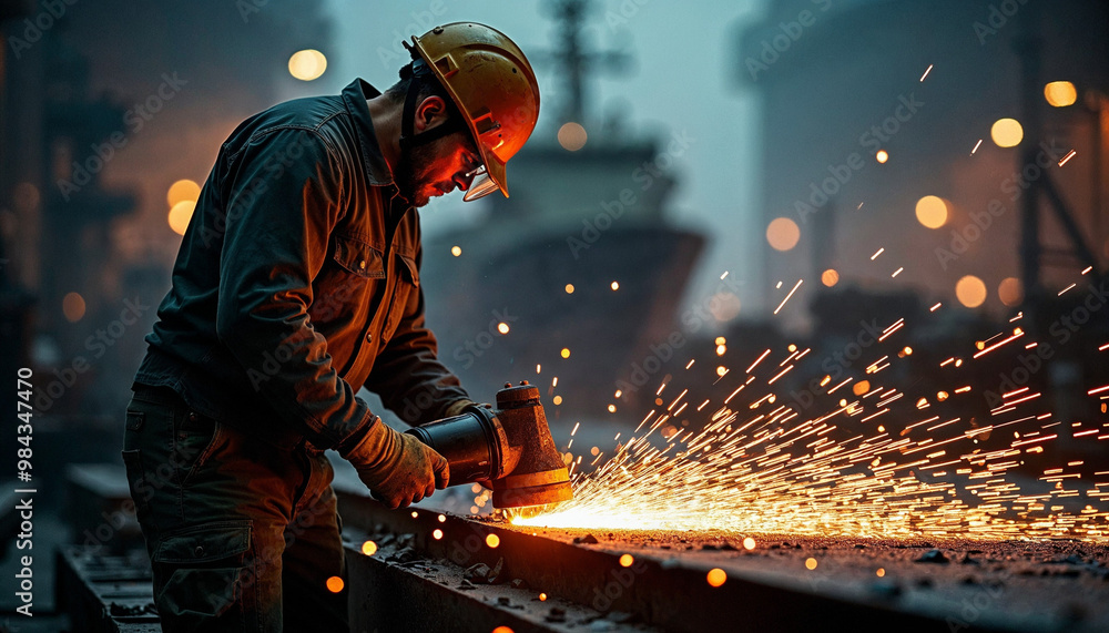 Worker cutting metal in a shipyard with dramatic sparks illuminating the dark surroundings.
Worker cutting metal in a shipyard with dramatic sparks illuminating the dark surroundings.