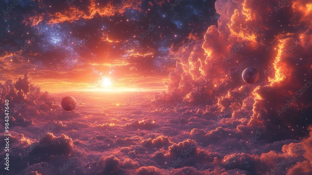 A stunning cosmic scene with planets and vibrant clouds at sunset. A stunning cosmic scene with planets and vibrant clouds at sunset.