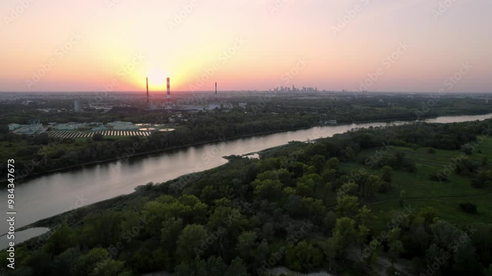 Vistula river power plant, industrial concept during sunset or sunrise Vistula river power plant, industrial concept during sunset or sunrise