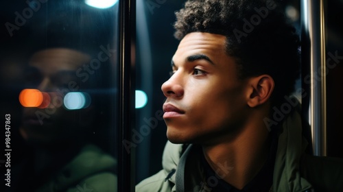 A young man gazes thoughtfully out a bus window at night, city lights glimmering in the background, reflecting a moment of introspection and urban life.