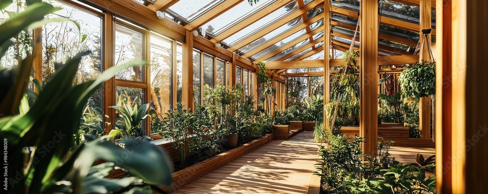 A wooden-framed botanical conservatory, with architectural designs that enhance natural light and promote plant growth A wooden-framed botanical conservatory, with architectural designs that enhance natural light and promote plant growth