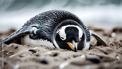 Serene close-up of a sleeping King penguin on a peaceful sandy beach photo