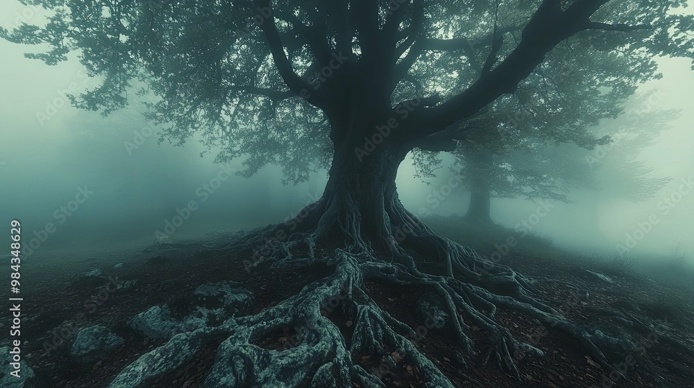 Ancient Tree with Exposed Roots in a Foggy Forest Ancient Tree with Exposed Roots in a Foggy Forest