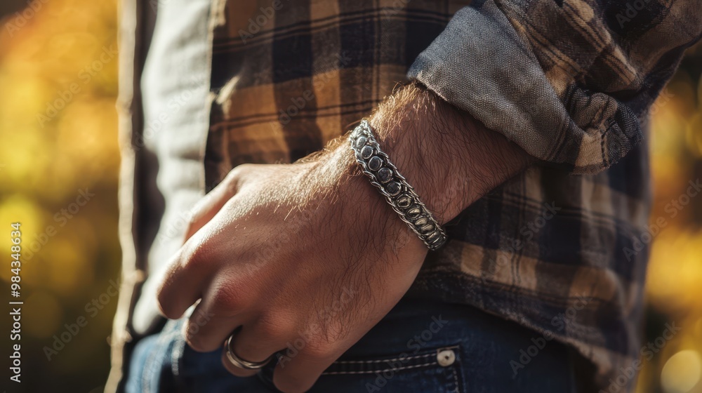 Handsome Man Wearing Stylish Steel Bracelet with Casual Outfit, Emphasizing Craftsmanship and Design Detail Handsome Man Wearing Stylish Steel Bracelet with Casual Outfit, Emphasizing Craftsmanship and Design Detail