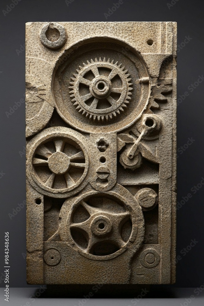 Fototapeta premium A stone-carved computer-like device with gears and dials, an artistic interpretation of ancient technology meeting modern ideas