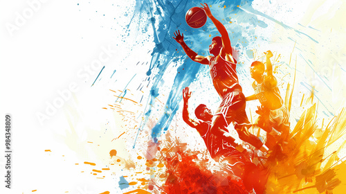 Dynamic basketball players jumping for a slam dunk with colorful splashes of paint in a vibrant artistic composition