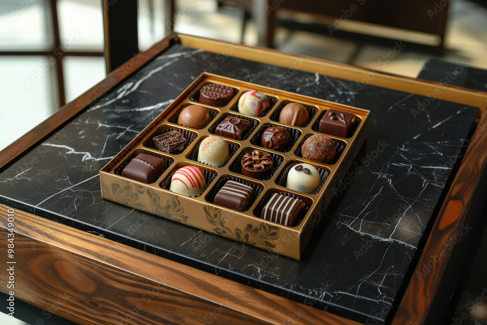 Box of Assorted Chocolates on Marble Table Box of Assorted Chocolates on Marble Table