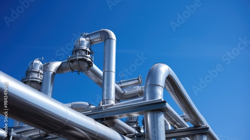 Gleaming metallic pipes crisscross under a clear blue sky, showcasing industrial architecture and engineering marvels.