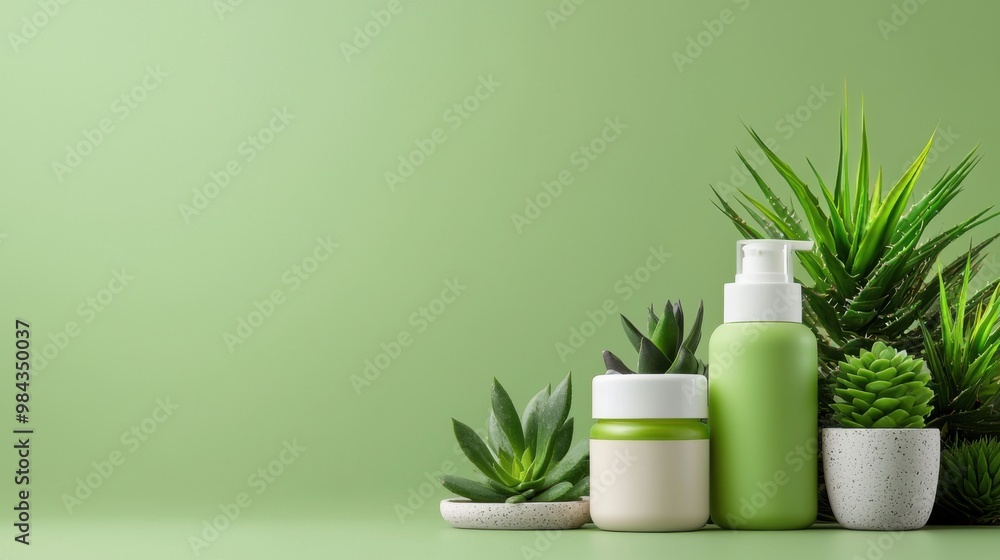 Natural Skin Care Products on Green Background Natural Skin Care Products on Green Background
