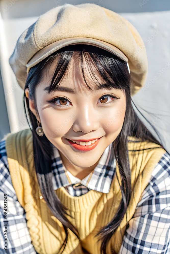 asian young woman with a warm smile, wearing a yellow cardigan over a white shirt asian young woman with a warm smile, wearing a yellow cardigan over a white shirt