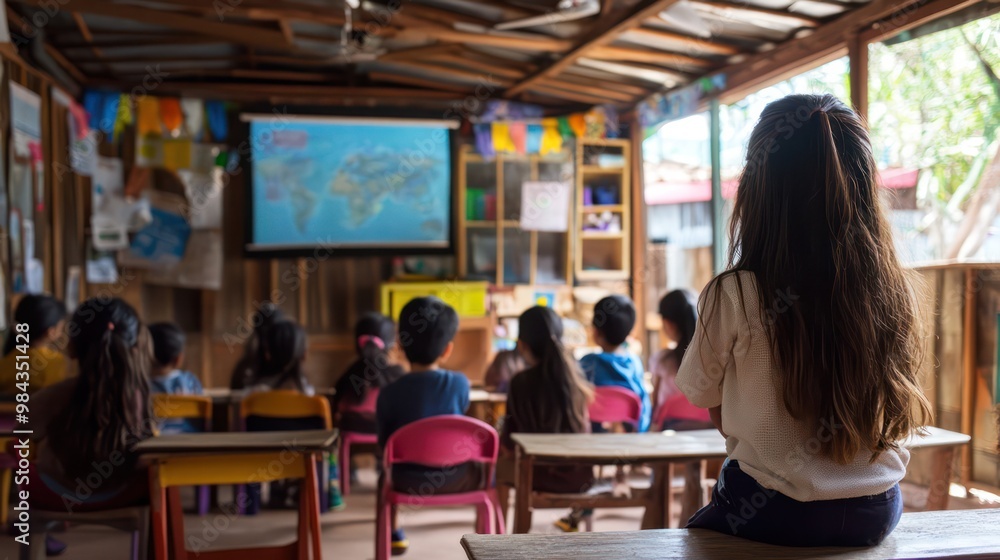 A classroom where climate change education is being taught, with students learning about environmental conservation A classroom where climate change education is being taught, with students learning about environmental conservation