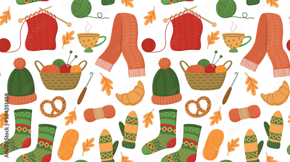 Seamless pattern with hand drawn knitting tools, knitted clothes, cup of tea and baking. Cute autumn vibe background Seamless pattern with hand drawn knitting tools, knitted clothes, cup of tea and baking. Cute autumn vibe background