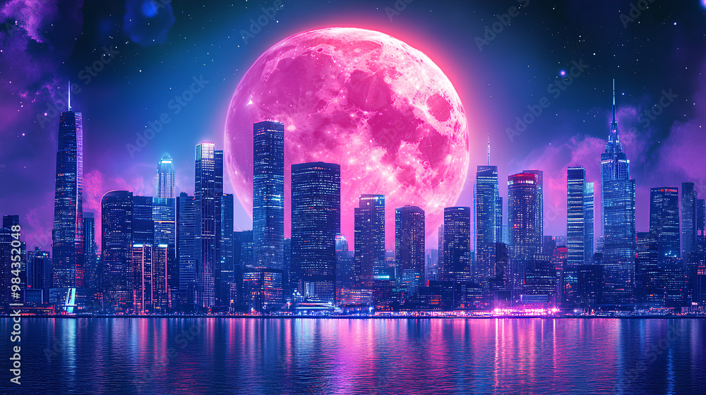 A vibrant city skyline under a large, pink moon with a colorful night sky. A vibrant city skyline under a large, pink moon with a colorful night sky.