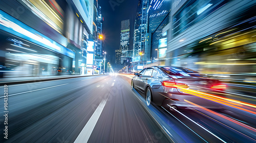 A speeding car drives through a city at night with blurred buildings and lights, showcasing a sense of motion and urban energy.