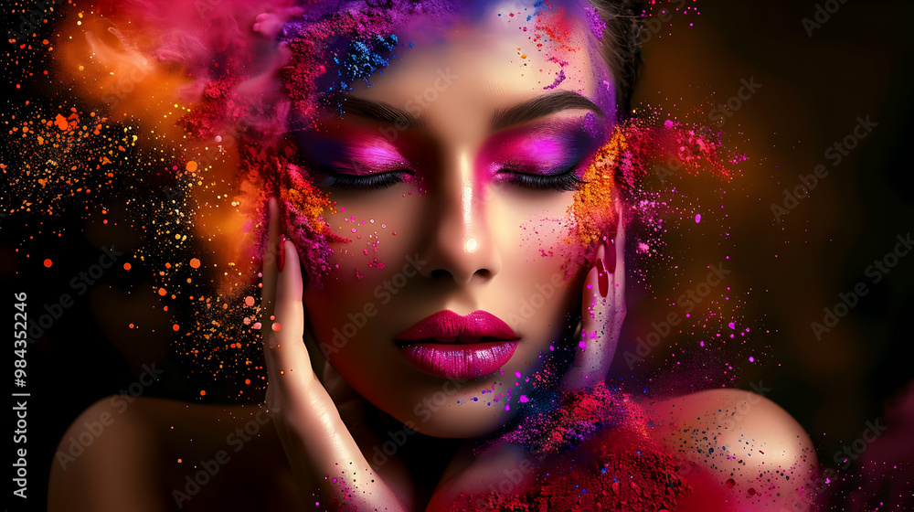 A Woman's Face Covered in Vibrant and Colorful Powder, With a Dark Background, Creating an Abstract and Artistic Visual A Woman's Face Covered in Vibrant and Colorful Powder, With a Dark Background, Creating an Abstract and Artistic Visual