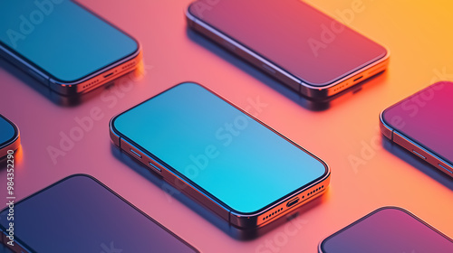 Several raws of smartphones on a background with a warm color gradient