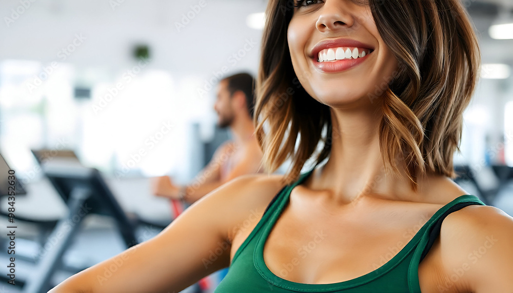 Vibrant Portrait of a Smiling Fitness Trainer in a Gym Celebrating Success After a Workout Session. Ready to Inspire and Motivate Others for Effective Exercise Training! Vibrant Portrait of a Smiling Fitness Trainer in a Gym Celebrating Success After a Workout Session. Ready to Inspire and Motivate Others for Effective Exercise Training!
