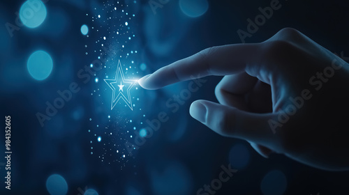 A virtual screen for a customer service review and performance review of efficient work or a business plan using online technology, against a dark blue background with copy space