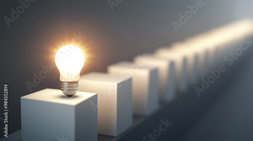A row of white boxes, one of them open, and a bright light bulb coming out of it. The concept of creativity and transcending.