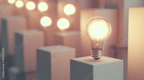 A row of white boxes, one of them open, and a bright light bulb coming out of it. The concept of creativity and transcending.