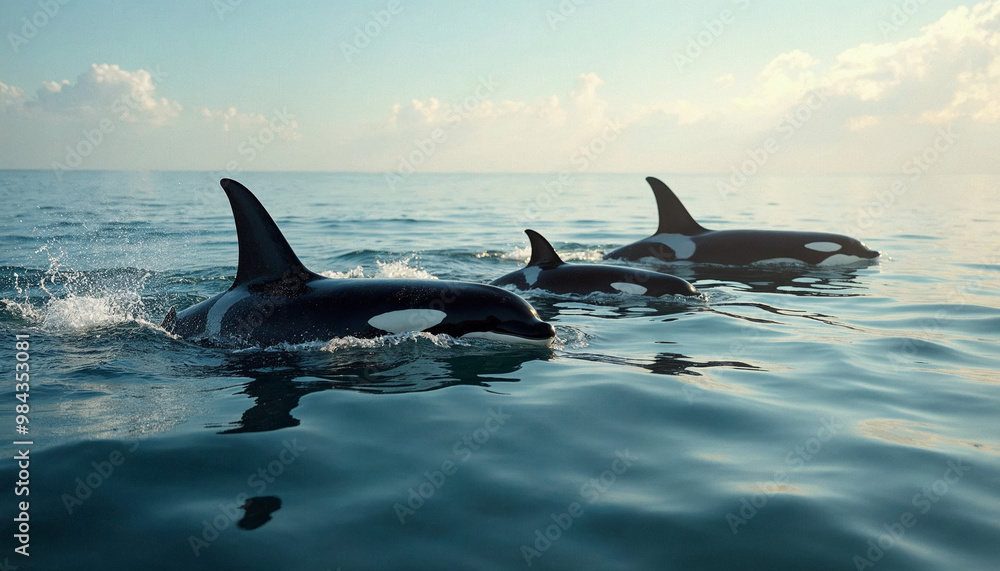 Fototapeta premium A pod of orcas swims gracefully through lightly rippled ocean waters under a clear sky. 