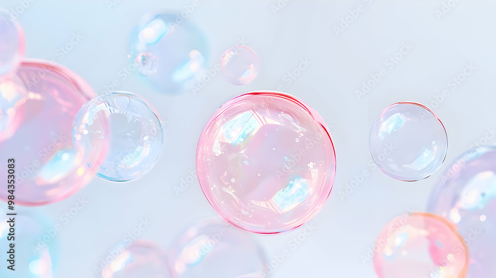 A Close-Up View of Iridescent Bubbles Floating on a Light Blue Background A Close-Up View of Iridescent Bubbles Floating on a Light Blue Background
