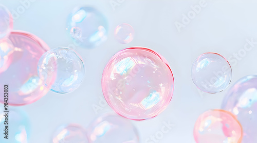 Wallpaper Mural A Close-Up View of Iridescent Bubbles Floating on a Light Blue Background Torontodigital.ca