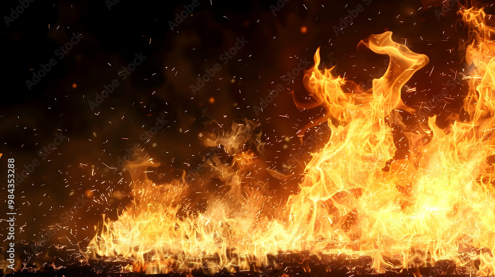 Fiery Inferno with Sparks Flying Upwards Against a Dark Background Fiery Inferno with Sparks Flying Upwards Against a Dark Background