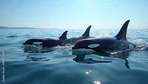 A pod of orcas swims gracefully through lightly rippled ocean waters under a clear sky. 