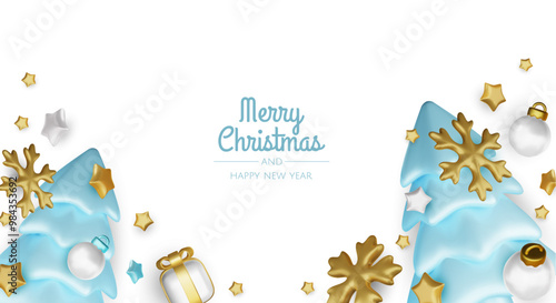 Happy New Year and Merry Christmas. Christmas holiday background with realistic 3d objects,gold and red bauble balls, conical metal stars. Levitation falling design composition.