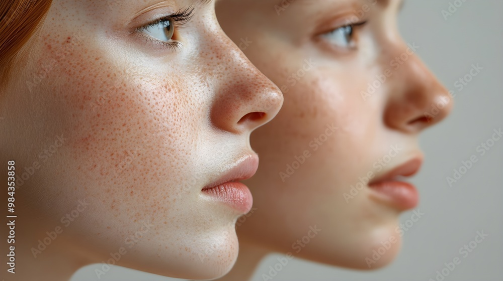 Obraz premium Detailed comparison of nose and chin, with visible blackheads before deep pore cleansing and smooth, blackhead-free skin after treatment